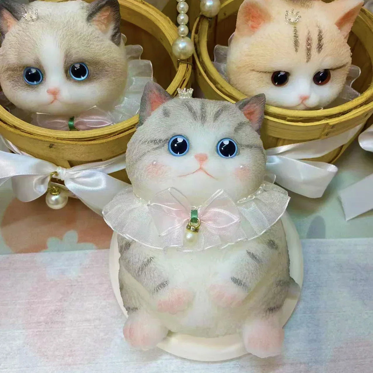 17cm Simulation Silicone Cat Soft Rebound Handmade Toy with Bamboo Basket Bionic Kitten Birthday Gifts Ornament