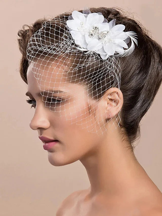 Black Veil Birdcage Veil White Feather Applique Shiny Rhinestones Headband Veil for Bridal Wedding Hair Accessories Fascinators