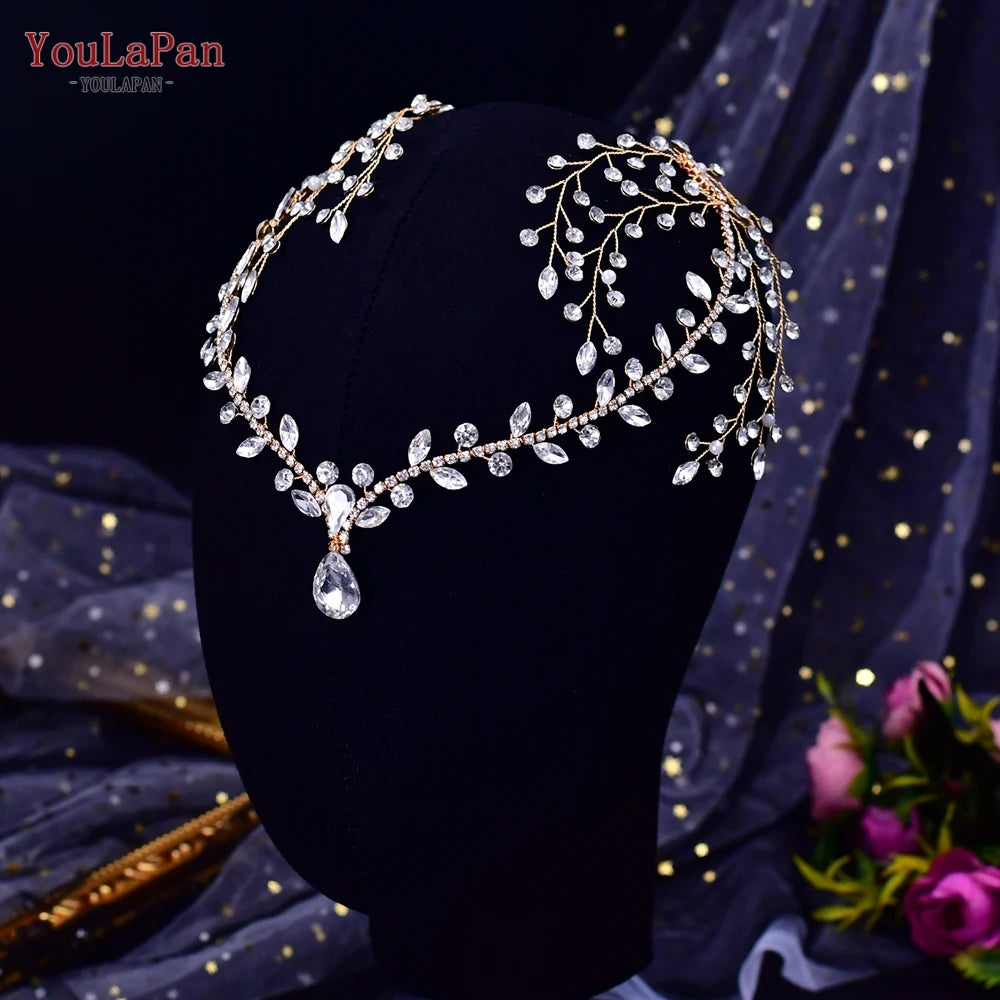 YouLaPan Crystal Bridal Headpiece Alloy Leaf Headband for Brides Wedding Hair Accessories Princess Tiara Pageant Headdress HP272