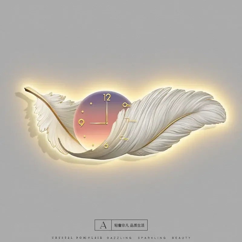LED Wall Clock Light Luxury Large Art Clocks Living Room Decor Painting Wall Watch Feather Silent Clock Renoj Home Decoration