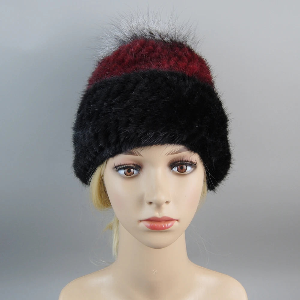 Real Mink Fur Hat For Winter Women Imported Knitted Mink Cap With Fox Fur New Hot Sale High Quality Women Beanies Hat