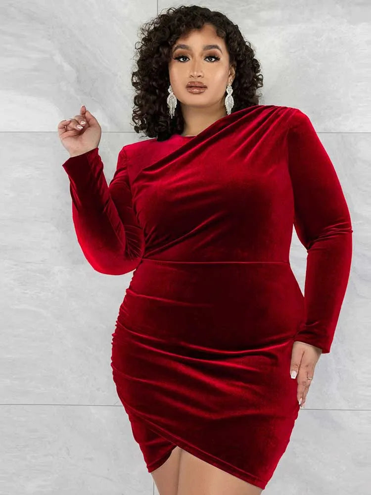 Plus Size Fashion Women Clothing Curvy Dresses Velvet Winter Party Dress Evening Low Back Draped Dresses Wholesale Dropshipping