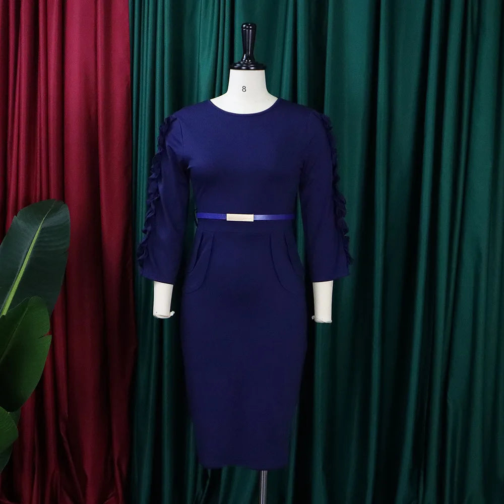 FairyShely 2025 Solid Ruffle Long Sleeve Plus Size Dress Women O Neck Large Big Dresses Lady Autumn Belt Party Tight Curvy Dress