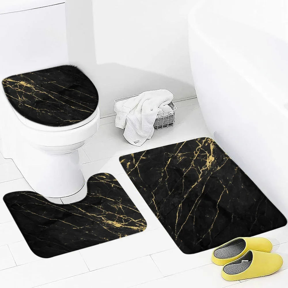 Black Marble Shower Curtain Set White Lines Cracked Pattern Modern Geometric Bathroom Decor Non-slip Rug Bath Mats Toilet Cover home improvement