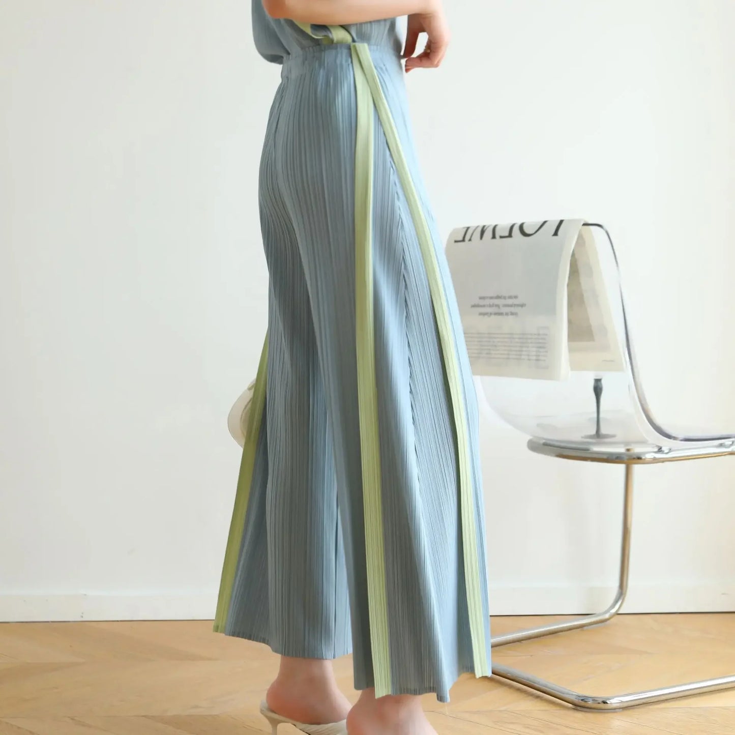 MIA XU Pleats Pants Sets 2025 Summer Miyake High-end Pleats Color Blocking False Two Pieces Fashion Casual T-shirt Pants Set