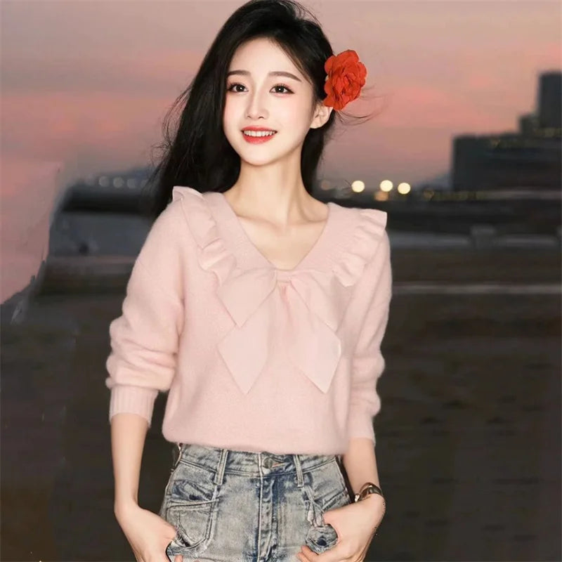Spring Autumn Pink Sweater 2025 New V-Neck Loose Women's Clothes Pullover Top Fashion Falbala Bowknot Female Knitwear Blouse