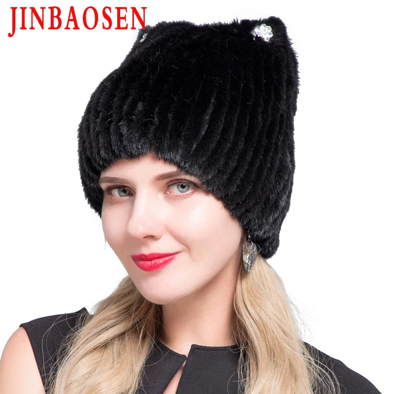 JINBAOSEN Winter Women's Mink Fur Hat Knitted Sweater Hat New Fashion Cat Ears Style European And American Style Ski Caps