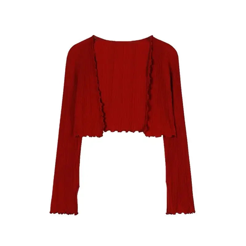 Sweet 2 Piece Dress Set Woman Red Long Sleeve Cardigan + Strap Floral Y2k Mini Dress Party Korean Fashion Suit 2023 Autumn Chic