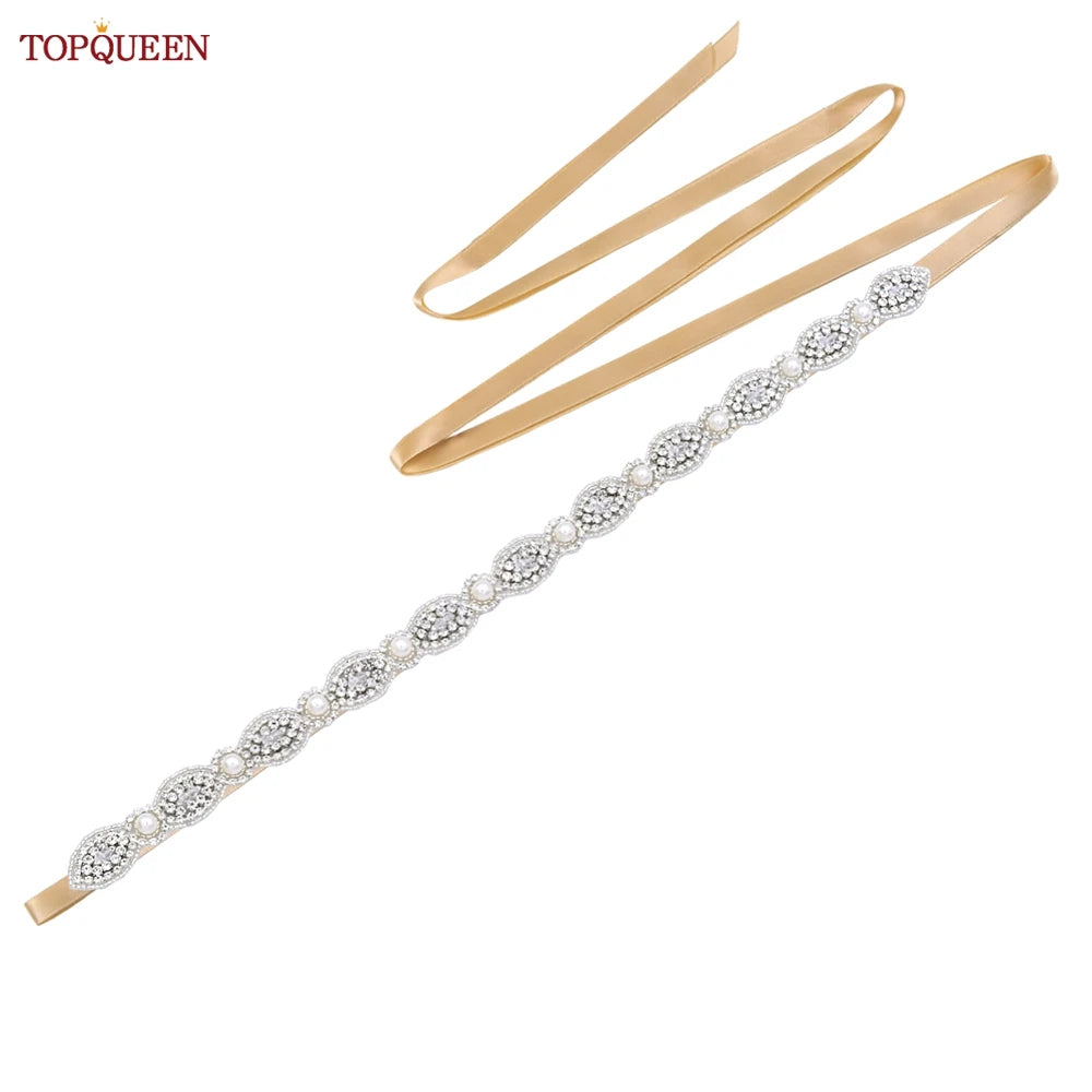 TOPQUEEN Bridal Belt Pearls Crystal Decoration Sash for Women Ladies Wedding Evening Party Dress Gown Applique Handmade  S435
